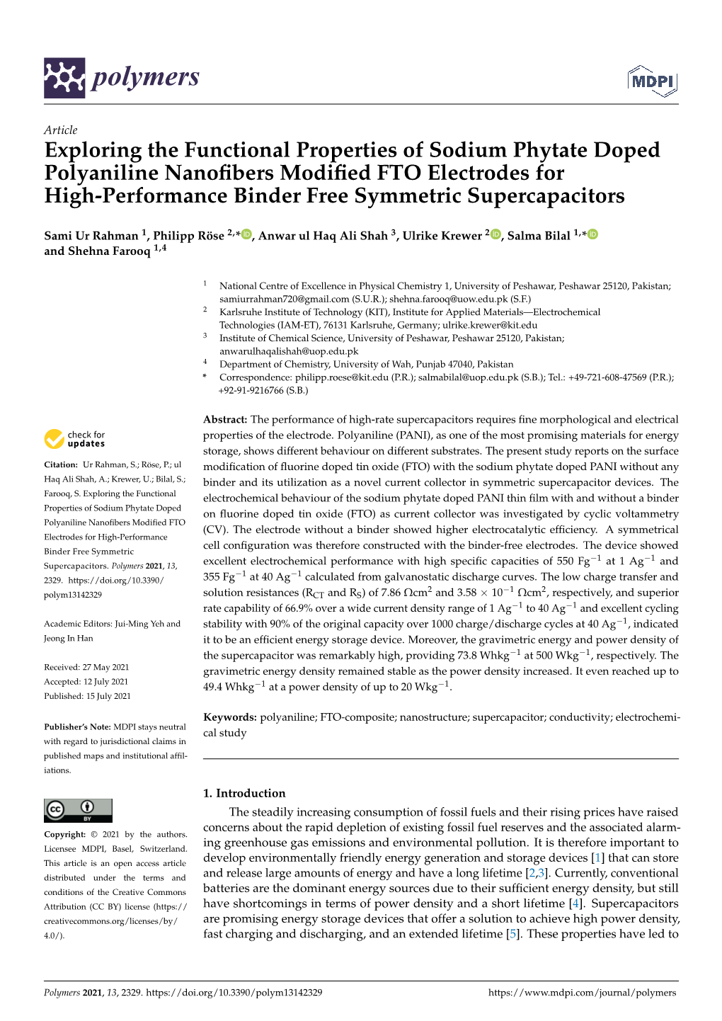 Exploring the Functional Properties of Sodium Phytate Doped Polyaniline Nanofibers Modified FTO Electrodes for High-Performance