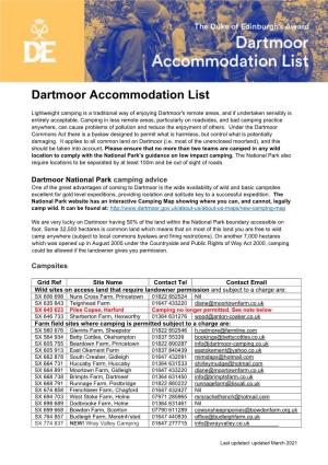 Dartmoor Accommodation List