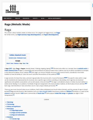 Raga (Melodic Mode) Raga This Article Is About Melodic Modes in Indian Music