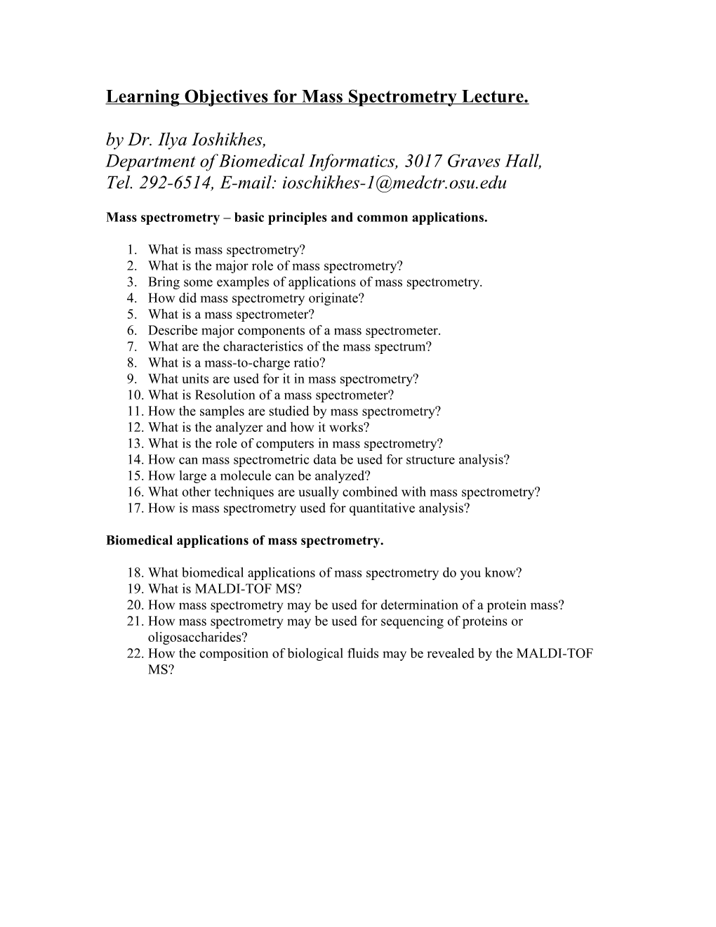 Learning Objectives for Mass Spectrometry Lecture