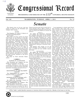 Congressional Record United States Th of America PROCEEDINGS and DEBATES of the 113 CONGRESS, SECOND SESSION