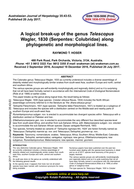 A Logical Break-Up of the Genus Telescopus Wagler, 1830 (Serpentes: Colubridae) Along Phylogenetic and Morphological Lines