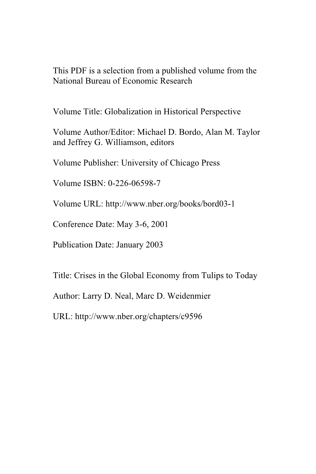 Crises in the Global Economy from Tulips to Today