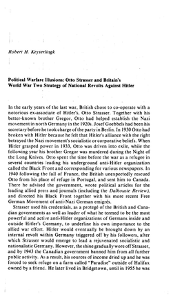 Political Warfare Illusions: Otto Strasser and Britain's World War Two Slrategy of National Revolts Against Hitler