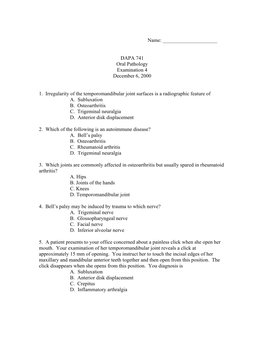 DAPA 741 Oral Pathology Examination 4 December 6, 2000 1
