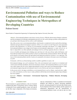 Environmental Pollution and Ways to Reduce Contamination with Use of Environmental Engineering Techniques in Metropolises of Developing Countries Pedram Saremi