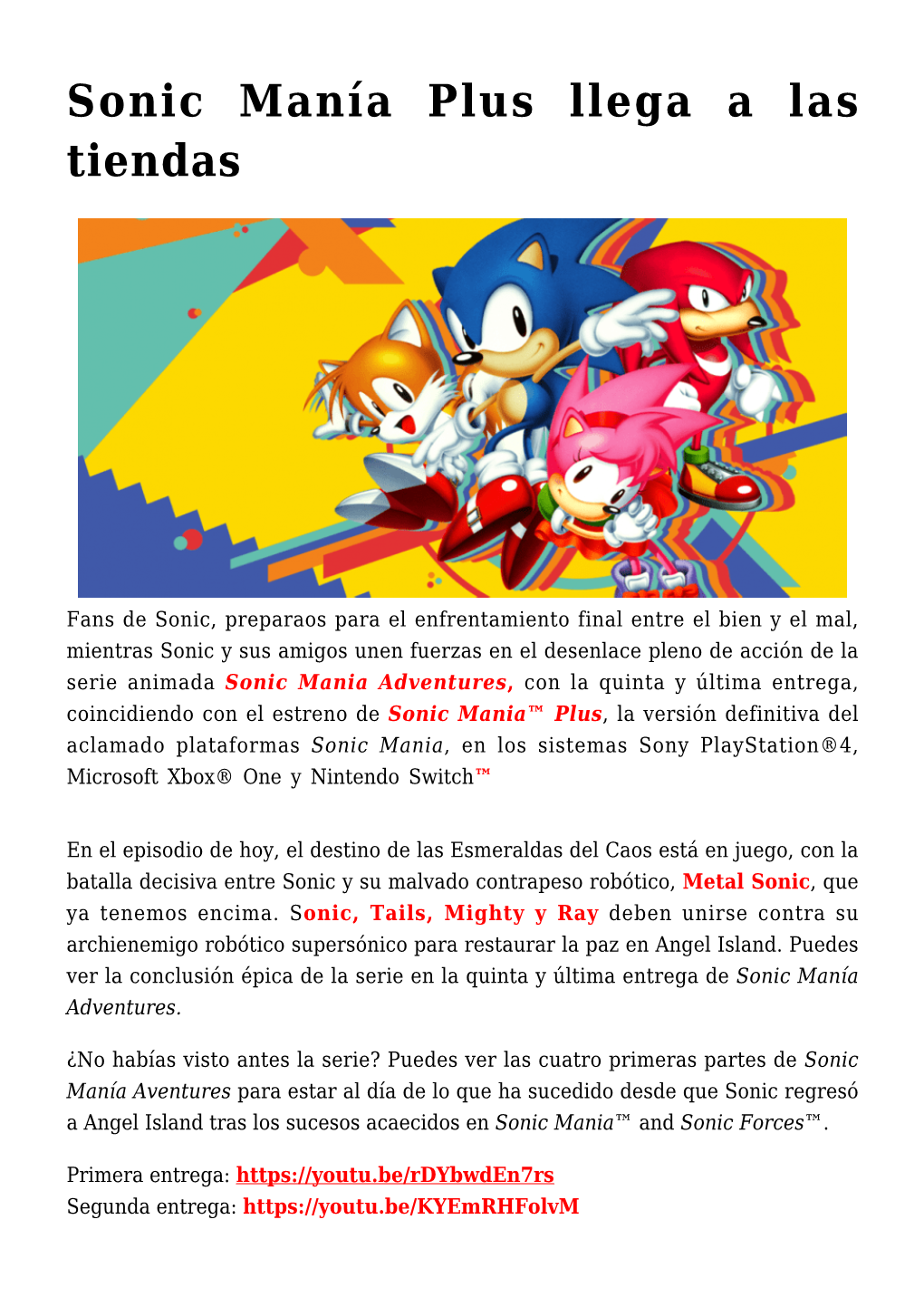 Sonic Manía Plus Llega a Las Tiendas