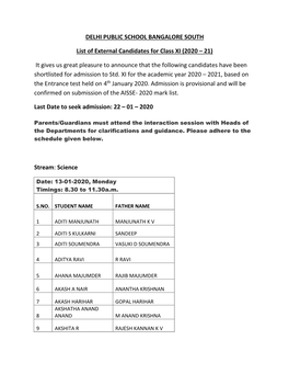 DELHI PUBLIC SCHOOL BANGALORE SOUTH List of External Candidates for Class XI (2020 – 21) It Gives Us Great Pleasure to Announc
