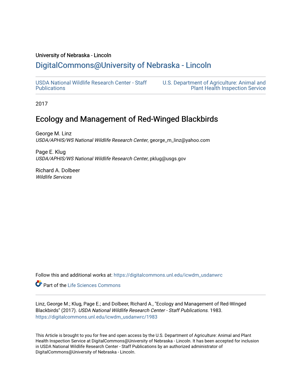 Ecology and Management of Red-Winged Blackbirds