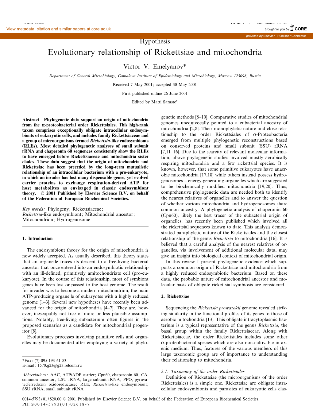 Evolutionary Relationship of Rickettsiae and Mitochondria