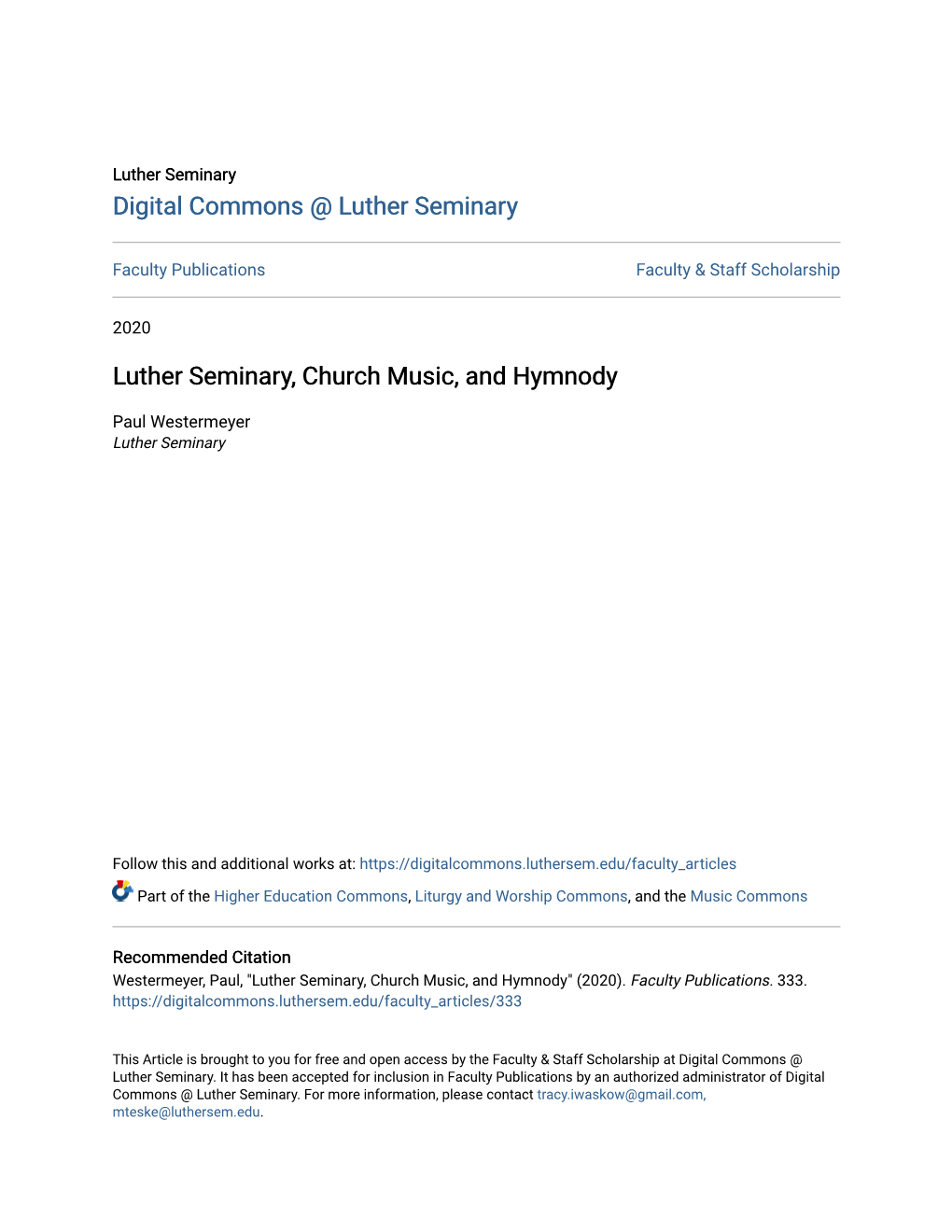 Luther Seminary, Church Music, and Hymnody