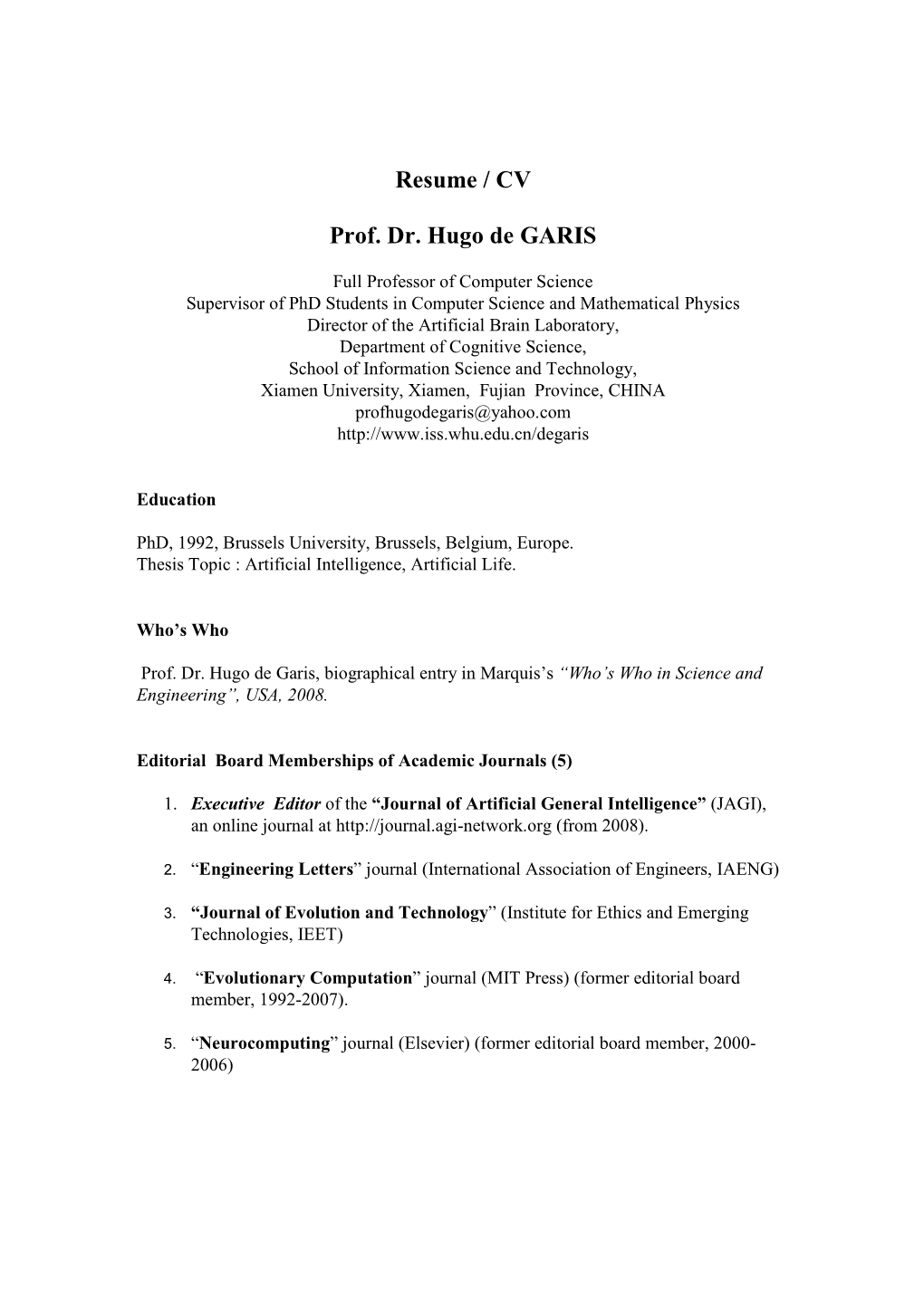 Resume / CV Prof. Dr. Hugo De GARIS