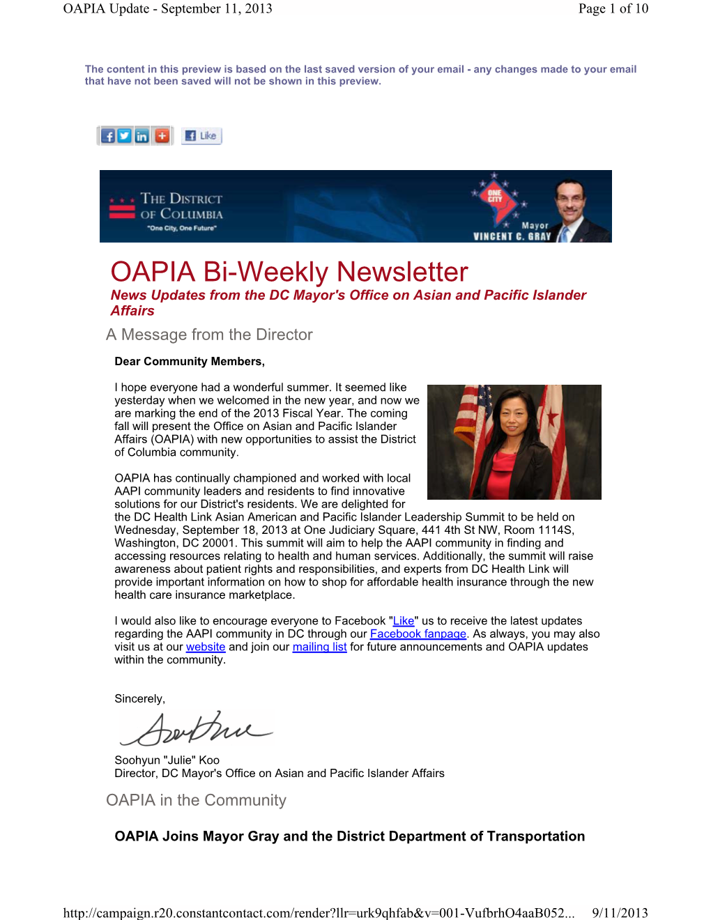 OAPIA Bi-Weekly Newsletter News Updates from the DC Mayor's Office on Asian and Pacific Islander Affairs a Message from the Director