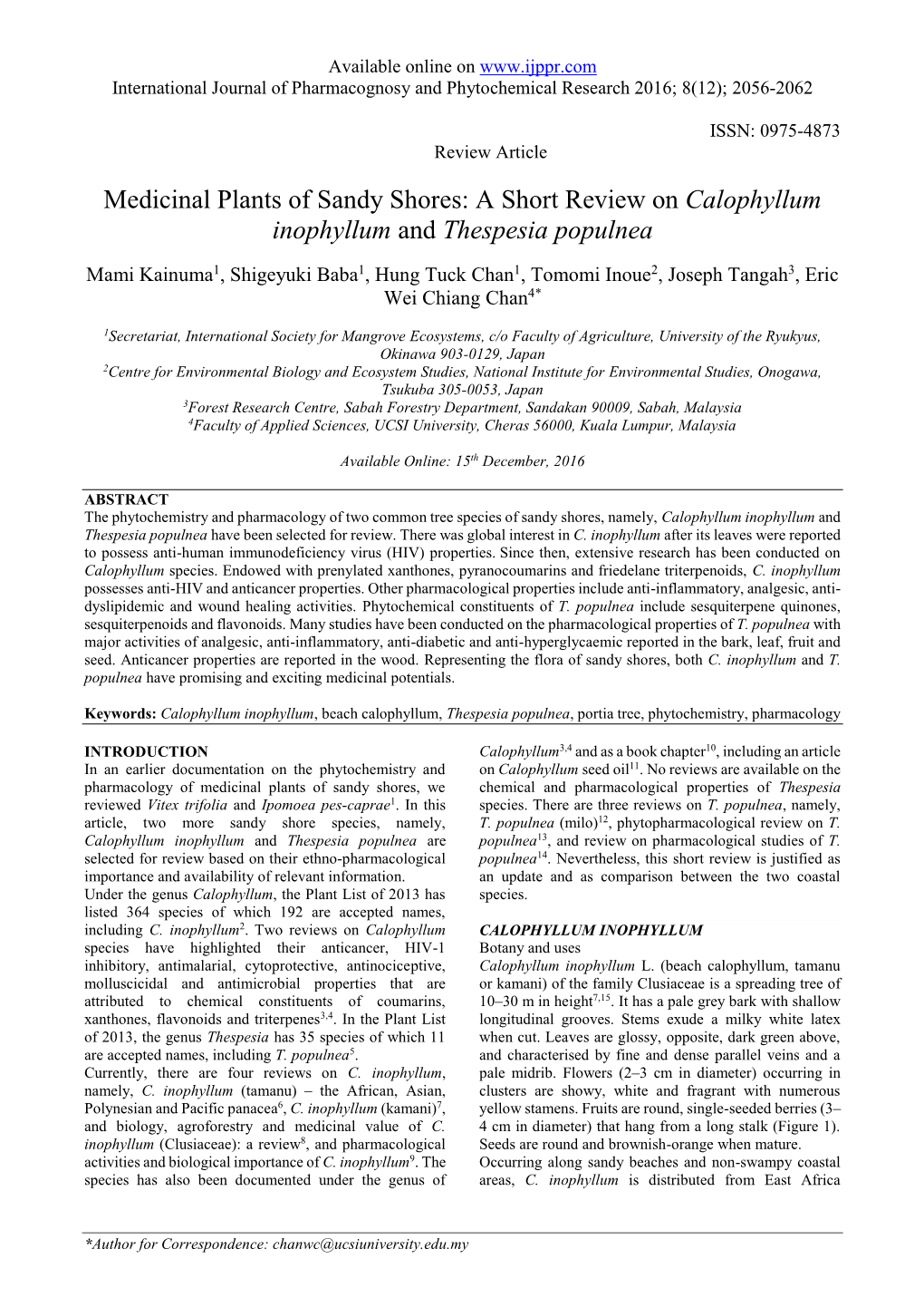 A Short Review on Calophyllum Inophyllum and Thespesia Populnea