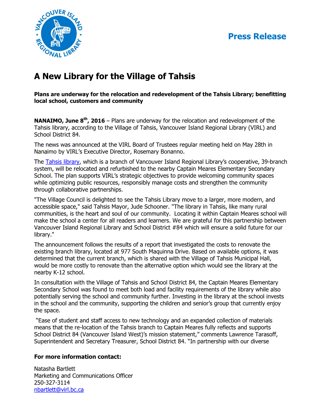Press Release a New Library for the Village of Tahsis