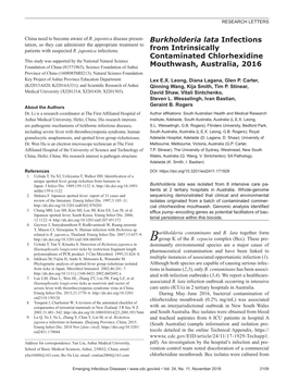 Burkholderia Lata Infections from Intrinsically Contaminated Chlorhexidine Mouthwash, Australia, 2016