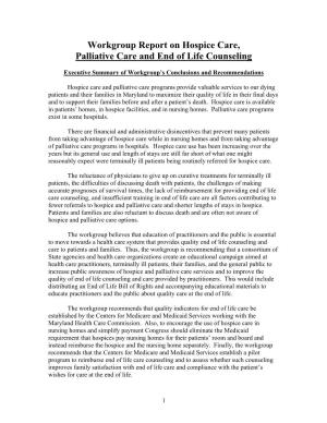 Report on Hospice Care, Palliative Care and End of Life Counseling
