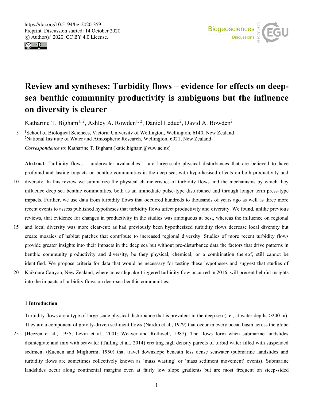 Turbidity Flows – Evidence for Effects on Deep- Sea Benthic Community Productivity Is Ambiguous but the Influence on Diversity Is Clearer Katharine T