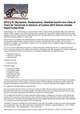 2012 U.S. Olympians, Paralympians, Hopefuls Launch New Class of Team for Tomorrow in Advance of London 2012 Games Include Anjali Forber-Pratt