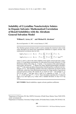Solubility of Crystalline Nonelectrolyte Solutes in Organic Solvents: Mathematical Correlation of Benzil Solubilities with the Abraham General Solvation Model