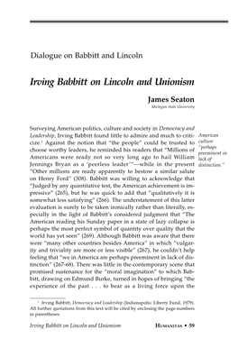 Irving Babbitt on Lincoln and Unionism