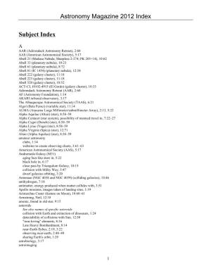 Astronomy Magazine 2012 Index Subject Index