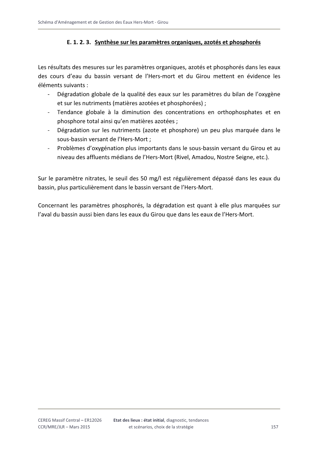 Etat Annuel Par Parametre De La Qualite Physico-Chimique Des Eaux Des Cours D’Eau Naturels Du Bassin Versant De L’Hers-Mort Et Du Girou