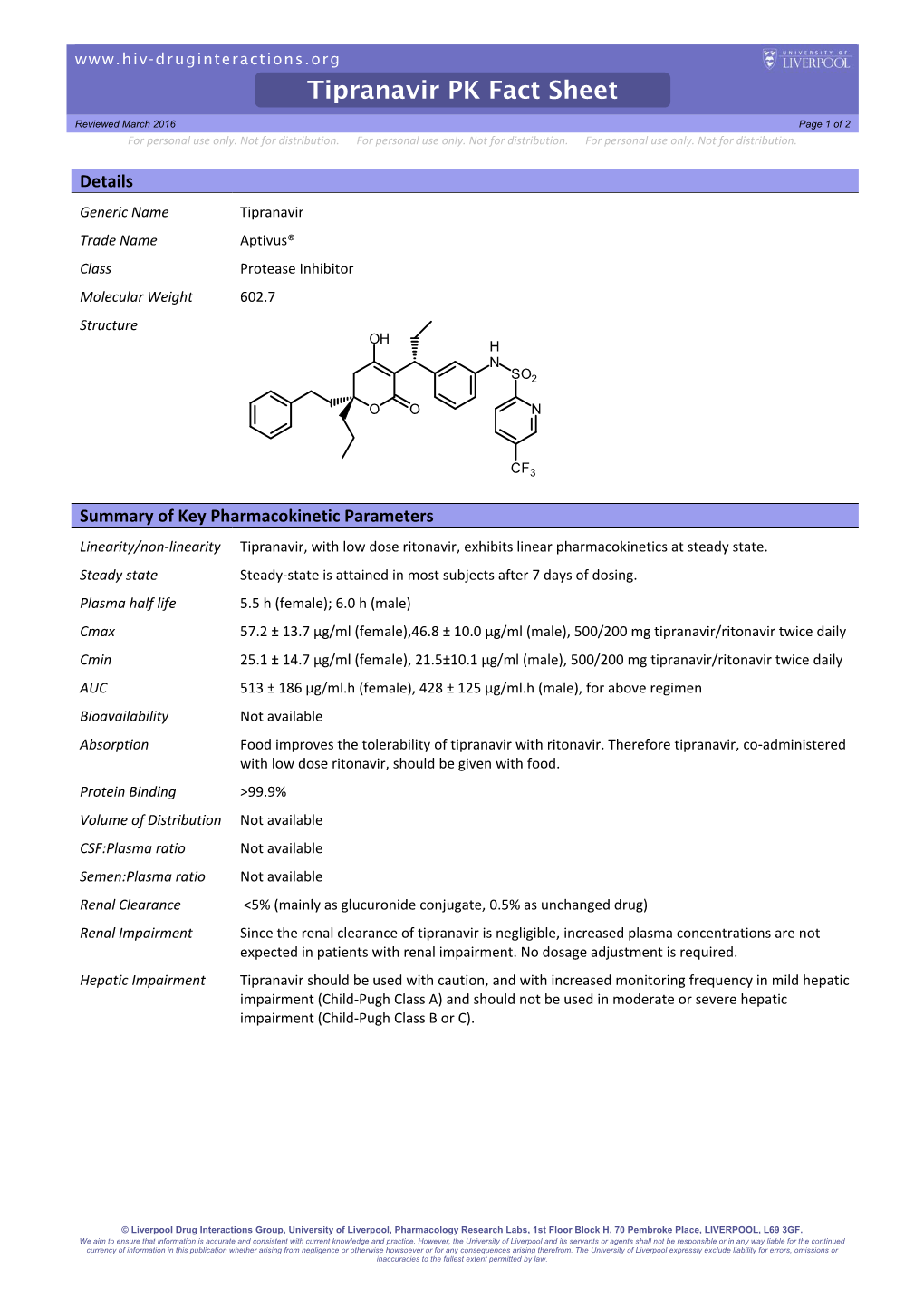 Tipranavir PK Fact Sheet Reviewed March 2016 Page 1 of 2 for Personal Use Only