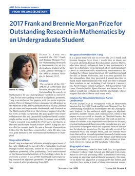 2017 Frank and Brennie Morgan Prize for Outstanding Research in Mathematics by an Undergraduate Student