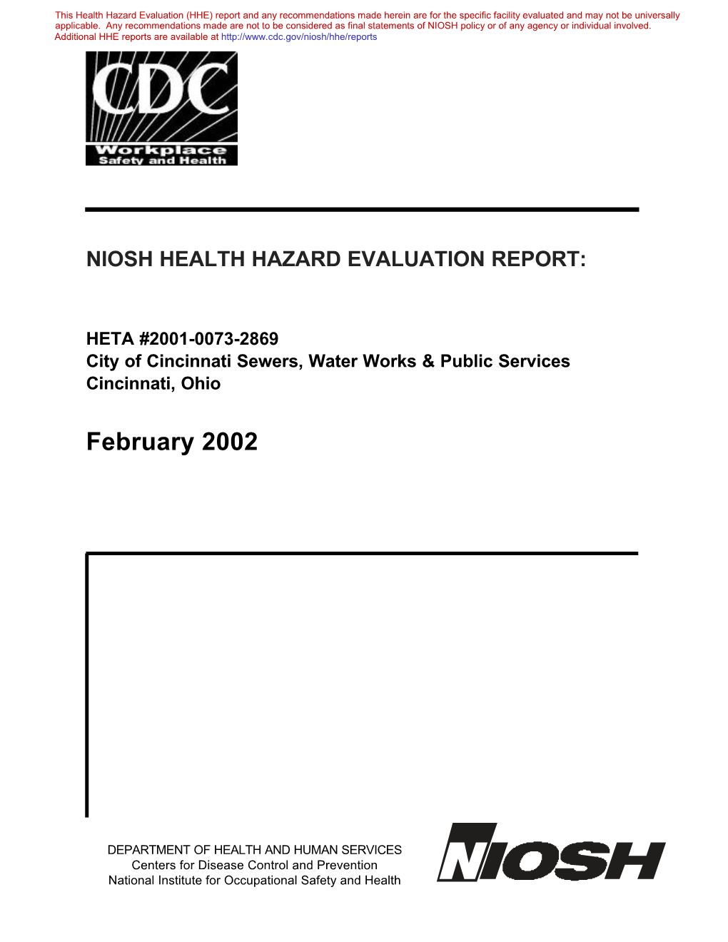 HHE Report No. HETA-2001-0073-2869, City of Cincinnati Sewers, Water Works & Public Services, Cincinnati, Ohio