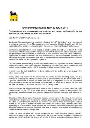 Eni Safety Day: Injuries Down by 40% in 2015