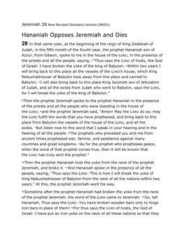 Hananiah Opposes Jeremiah and Dies