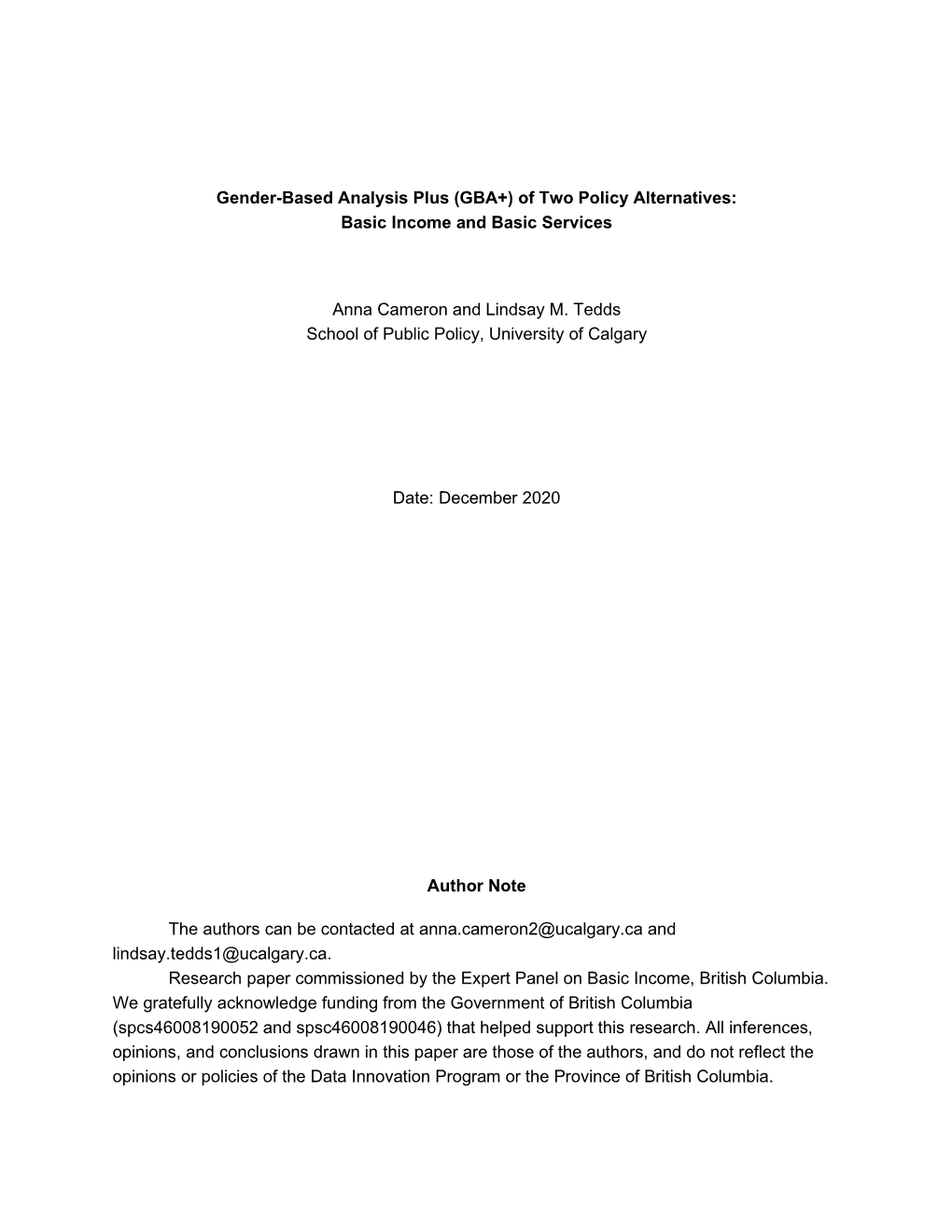 Gender-Based Analysis Plus of Two Policy Alternatives: Basic Income and Basic Services