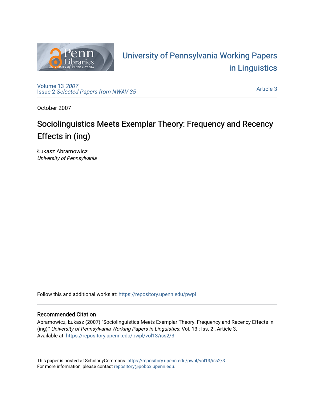 Sociolinguistics Meets Exemplar Theory: Frequency and Recency Effects in (Ing)