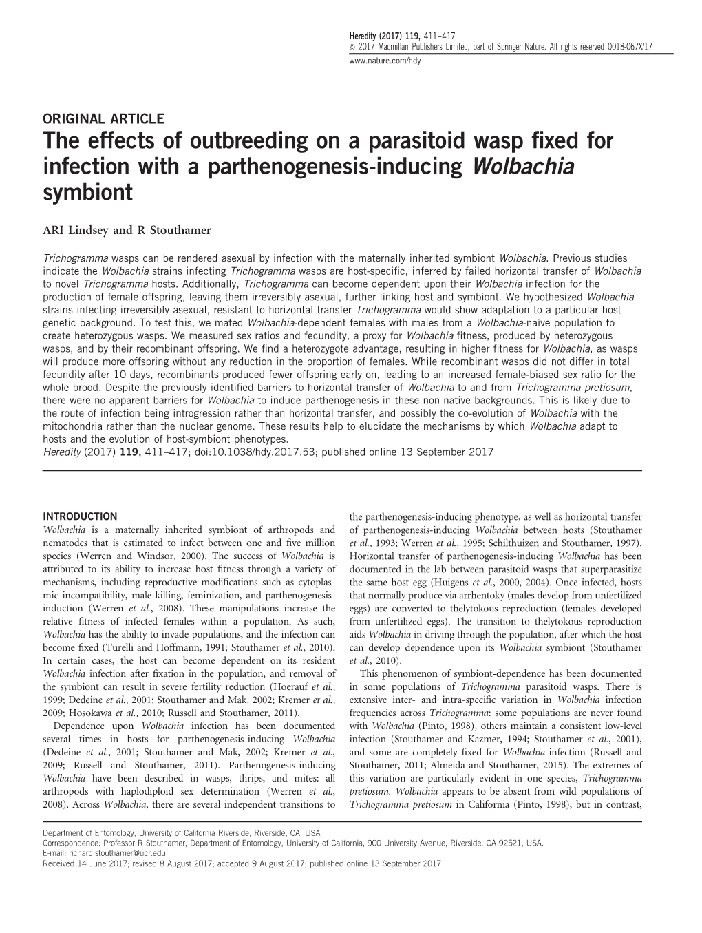 The Effects of Outbreeding on a Parasitoid Wasp Fixed for Infection