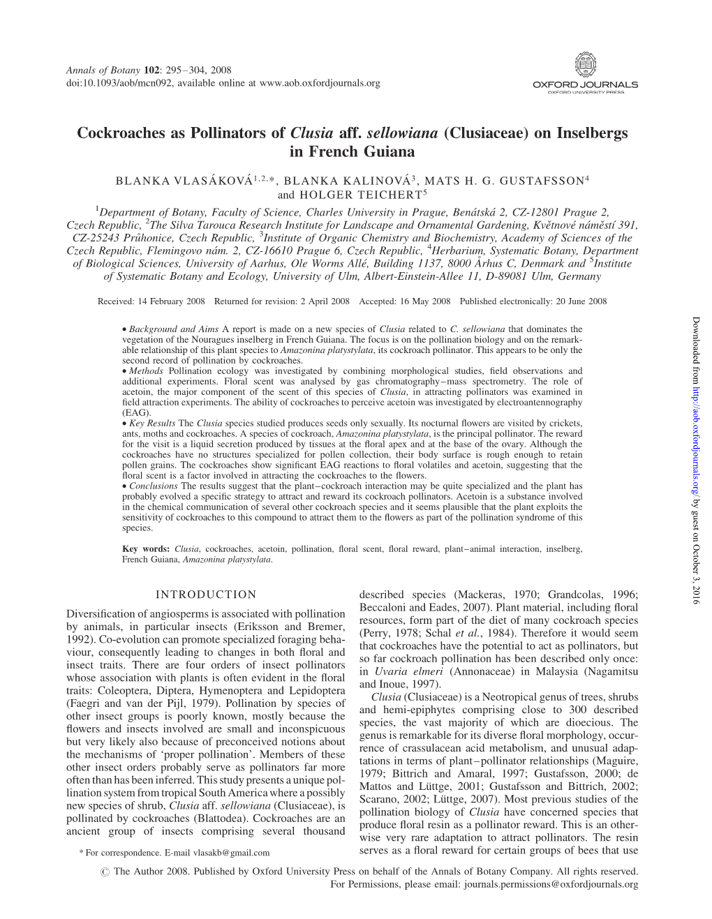 Cockroaches As Pollinators of Clusia Aff. Sellowiana (Clusiaceae) on Inselbergs in French Guiana