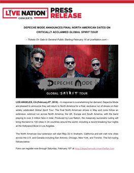 Depeche Mode Announces Final North American Dates on Critically Acclaimed Global Spirit Tour