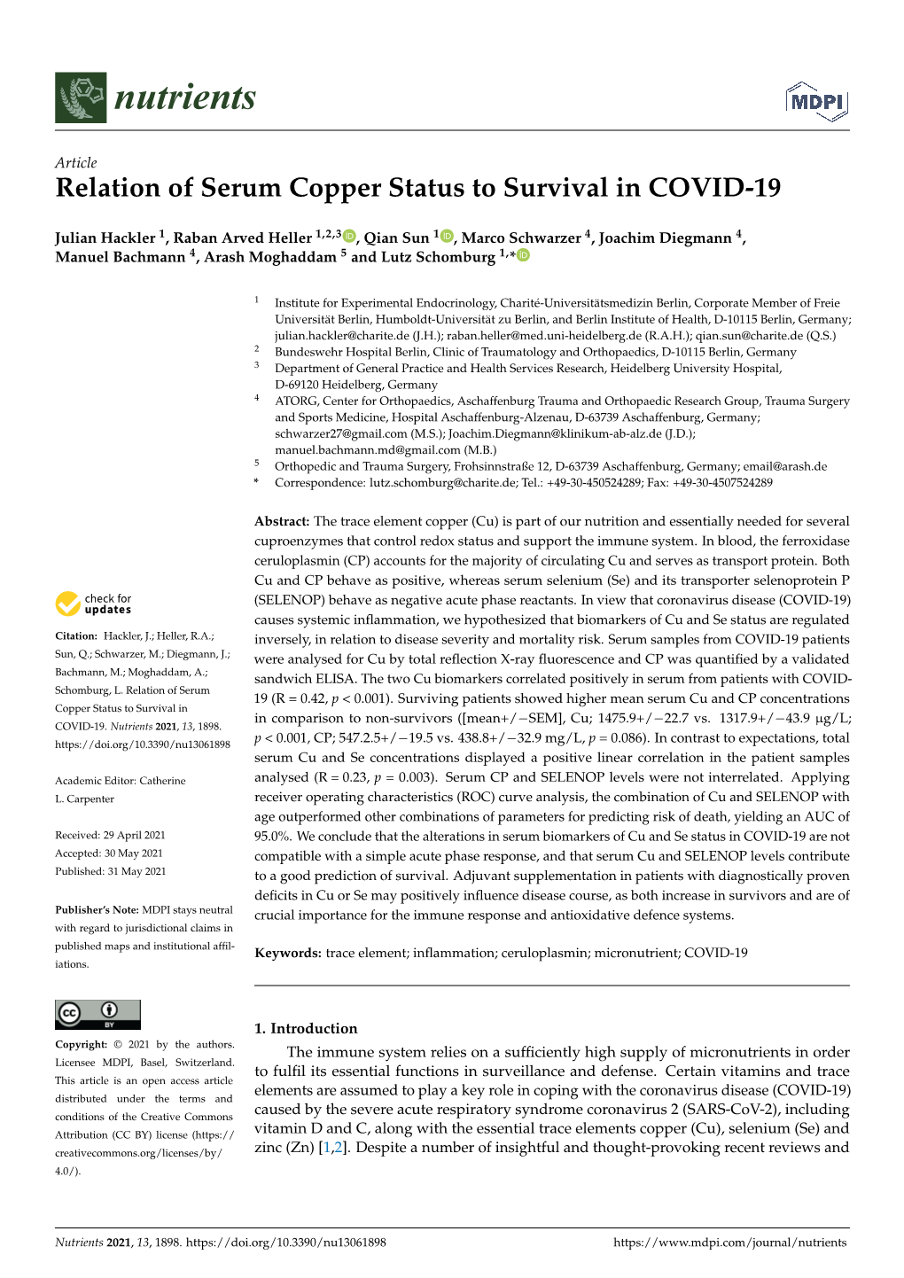 Relation of Serum Copper Status to Survival in COVID-19