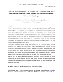 Cod Versus Shrimp Dominance in West Greenland Waters: Can Climate Change Reverse the Regime Shift from a Cod to a Shrimp Dominated Ecosystem Off West Greenland?