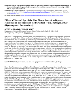 On Production of the Parasitoid Wasp Spalangia Endius (Hymenoptera: Pteromalidae)