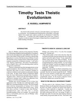 Timothy Tests Theistic Evolutionism — Humphreys Papers
