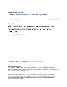 The Life History of the Round Whitefish, Prosopium Cylindraceum (Pallas) of Newfound Lake, New Hampshire