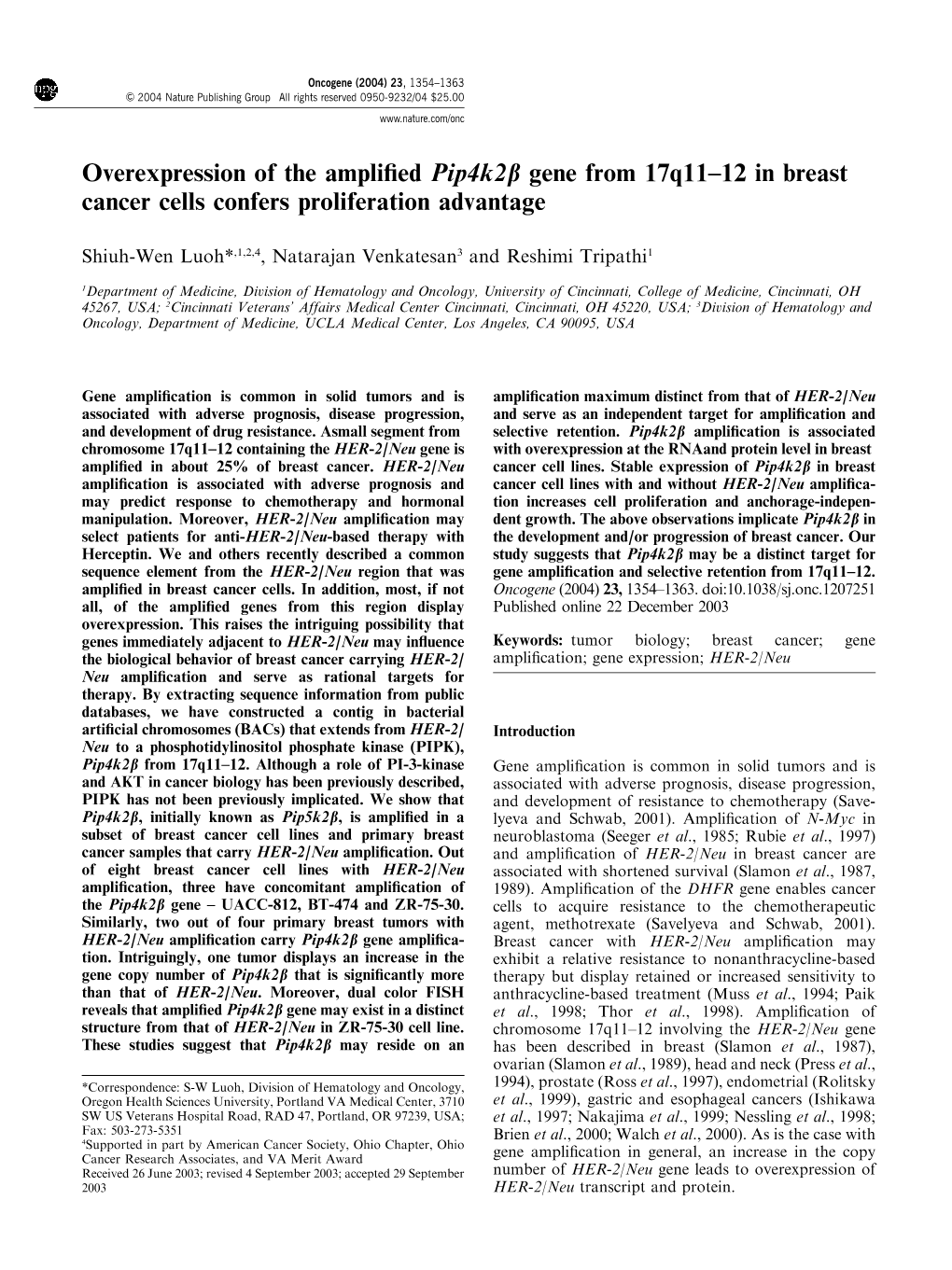 Overexpression of the Amplified Pip4k2b Gene from 17Q11–12 In