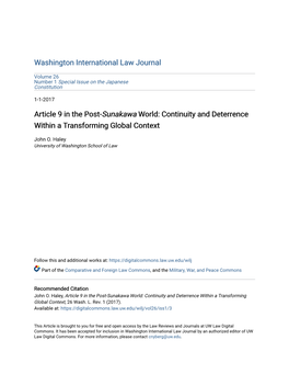 Article 9 in the Post-Sunakawa World: Continuity and Deterrence Within a Transforming Global Context