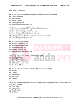 Quiz Date: 31St July 2020 Q1. Which of the Following Agreement/Accord Is Related to Banking Reforms?