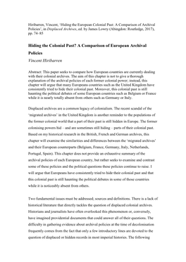 Hiding the Colonial Past? a Comparison of European Archival Policies Vincent Hiribarren
