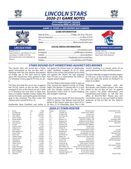 LINCOLN STARS 2020-21 GAME NOTES 25TH ANNIVERSARY SEASON Powered by BMW of LINCOLN GAME 12- STARS Vs