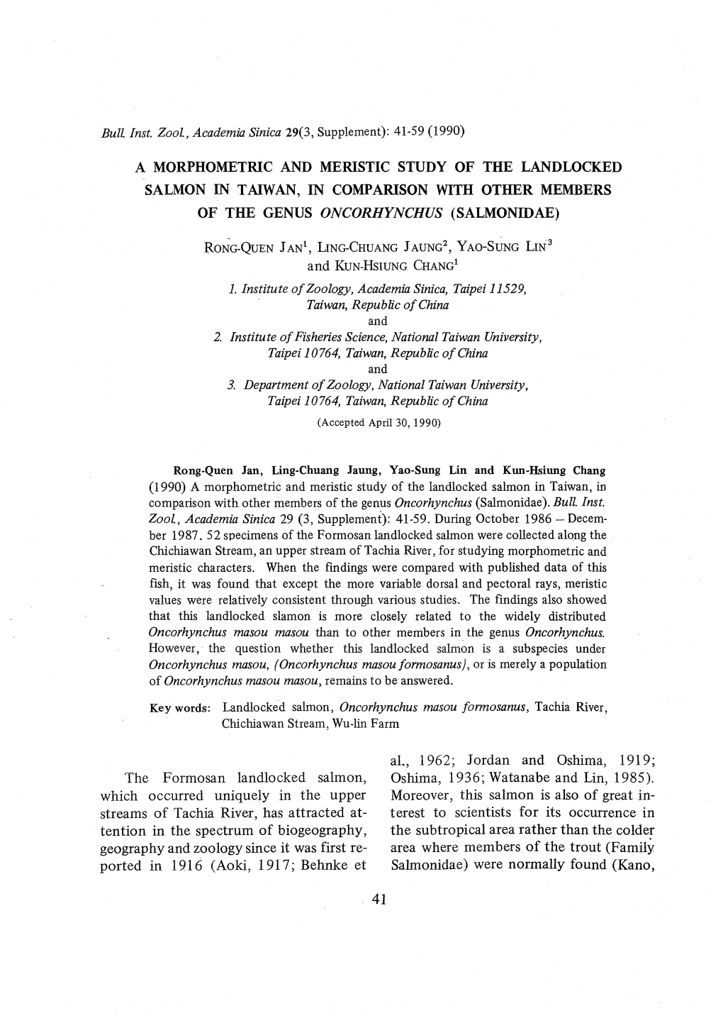 A Morphometric and Meristic Study of the Landlocked Salmon in Taiwan, in Comparison with Other Members of the Genus Oncorhynchus (Salmonidae)