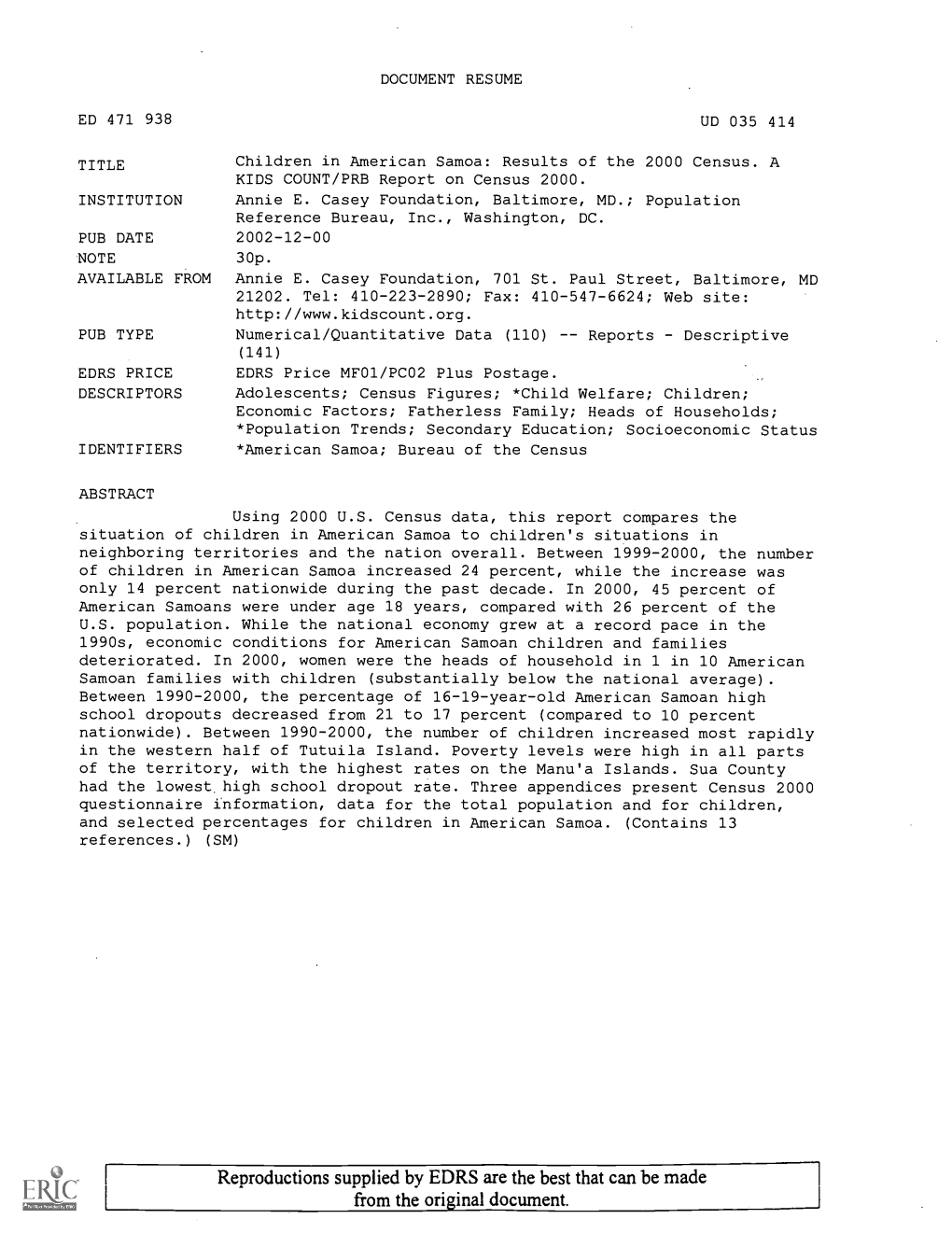 Children in American Samoa: Results of the 2000 Census