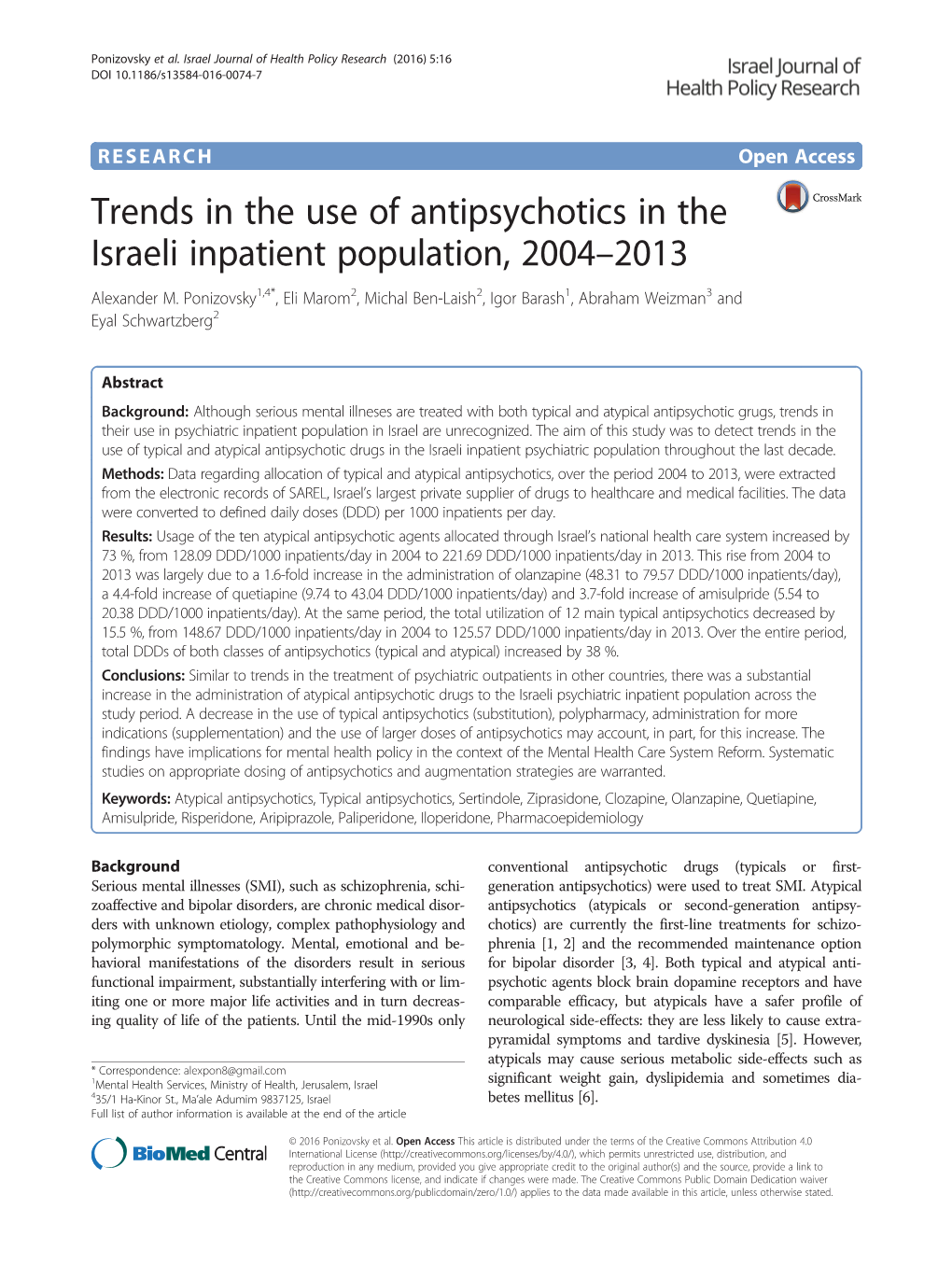 Trends in the Use of Antipsychotics in the Israeli Inpatient Population, 2004–2013 Alexander M